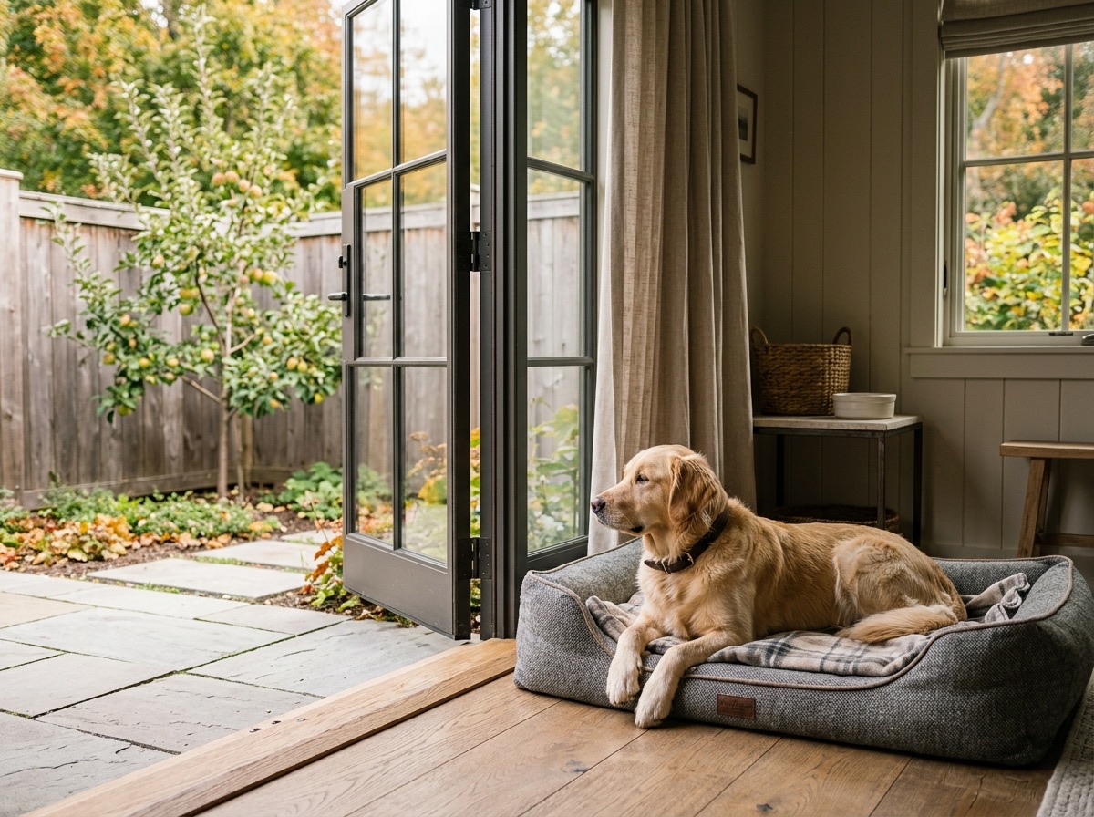 A golden retriever on an orthopedic bed beside an open door to a private patio