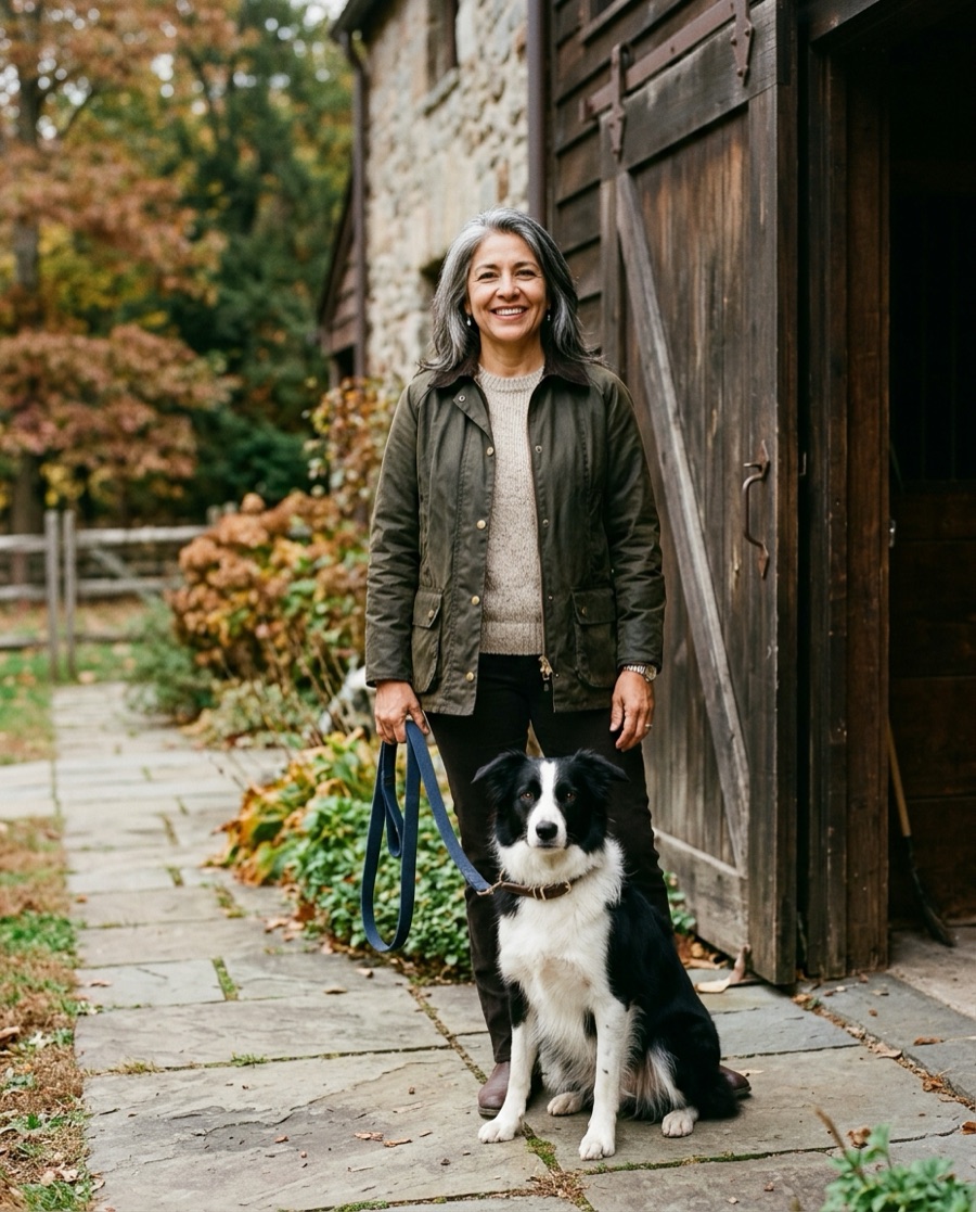 Rosa Delgado standing at the barn door with a border collie