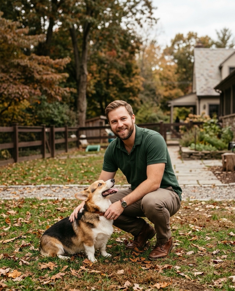 Theo Marchetti kneeling in the play yard with a corgi